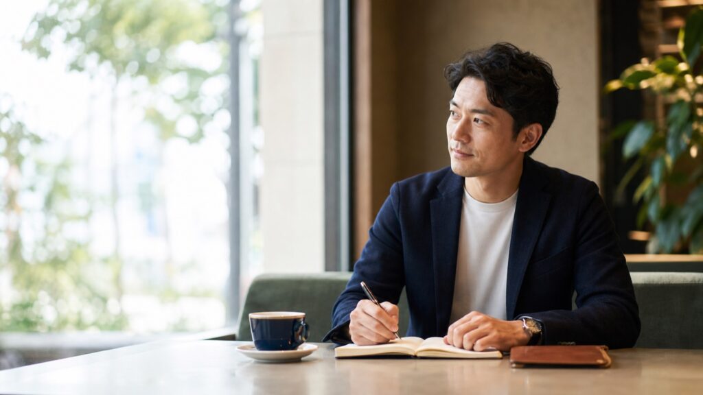 カフェで会話の準備をノートにまとめる40代男性